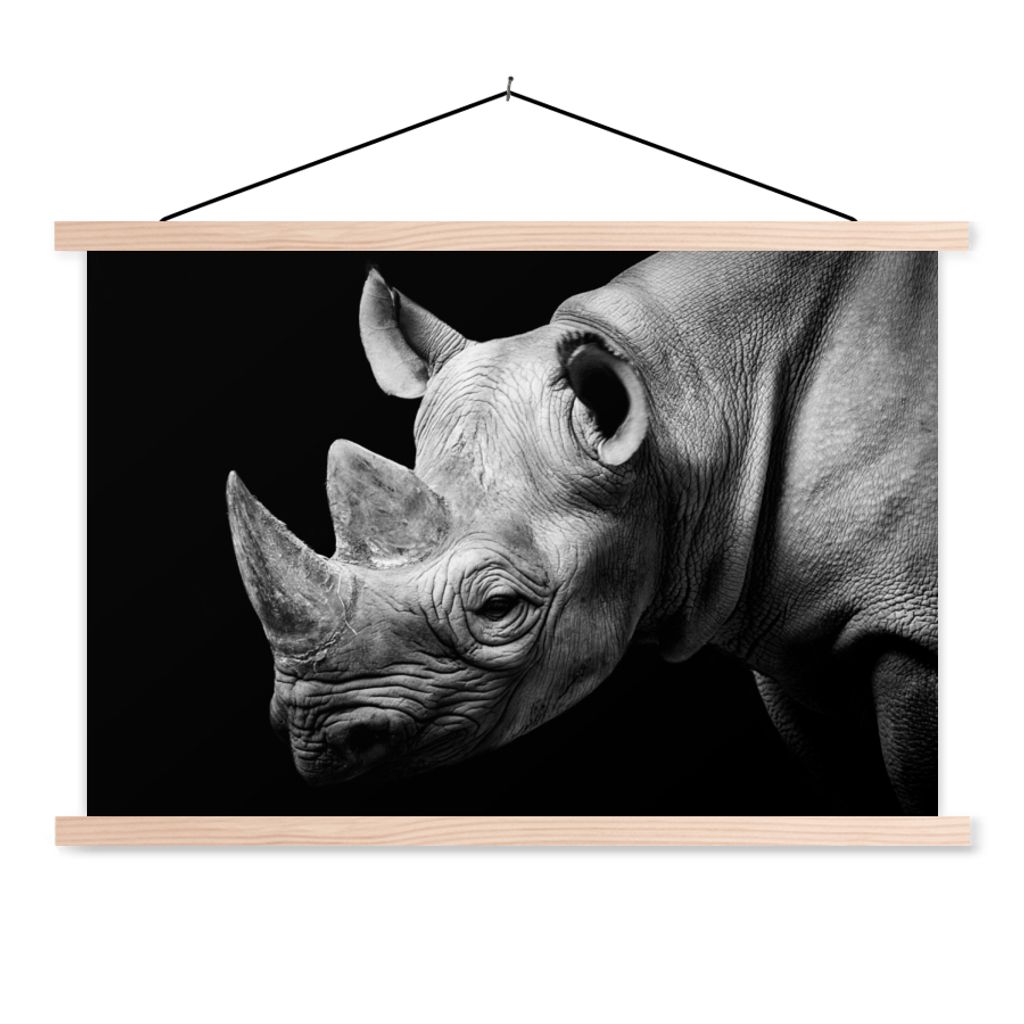 MuchoWow Textilposter Tiere - Nashorn - Schwarz - Weiß - Porträt 150x100 cm mit holzfarbenen Rahmen - Posters
