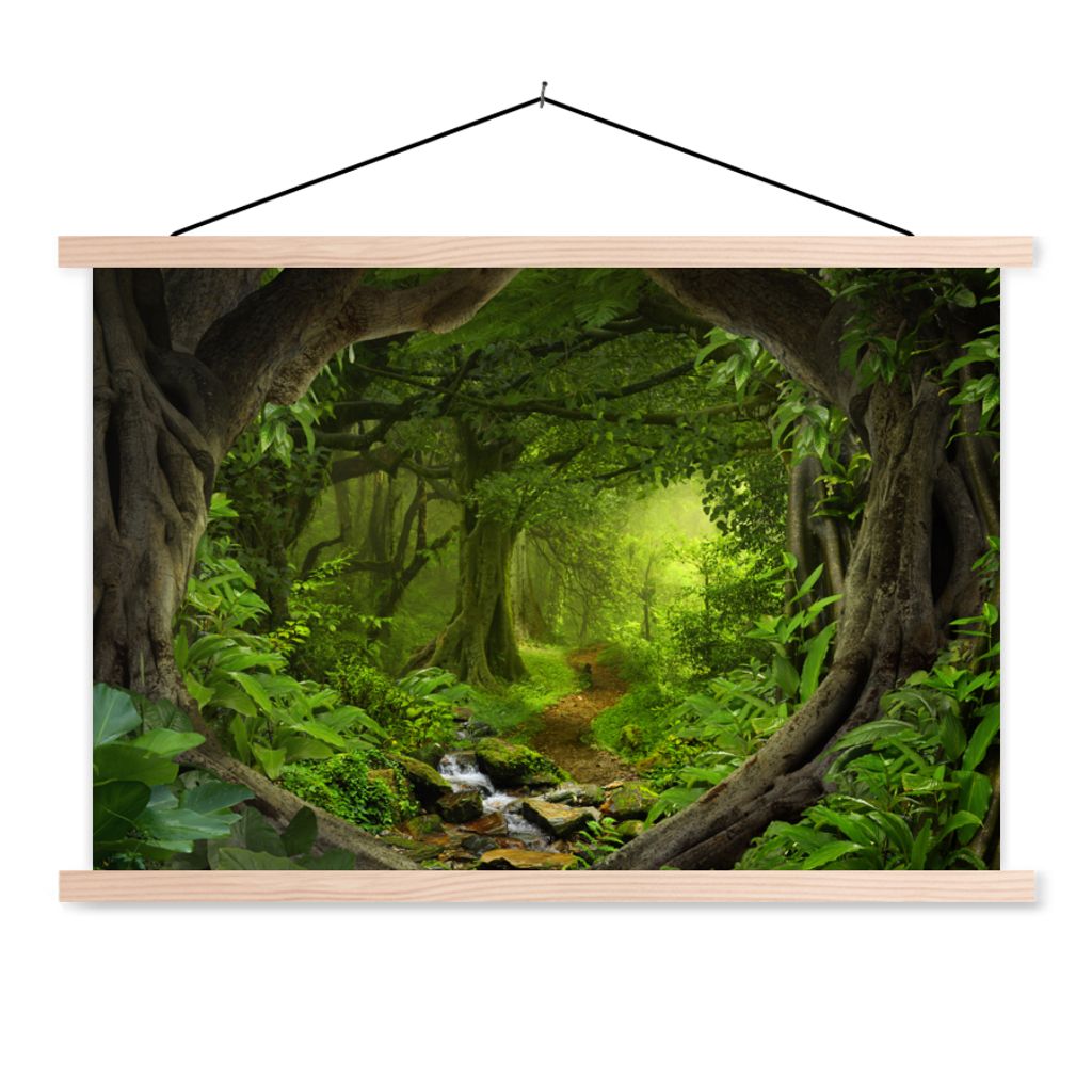 MuchoWow Textilposter Dschungel - Grün - Natur - Tropisch - Pflanzen 120x80 cm mit holzfarbenen Rahmen - Aufhängeset