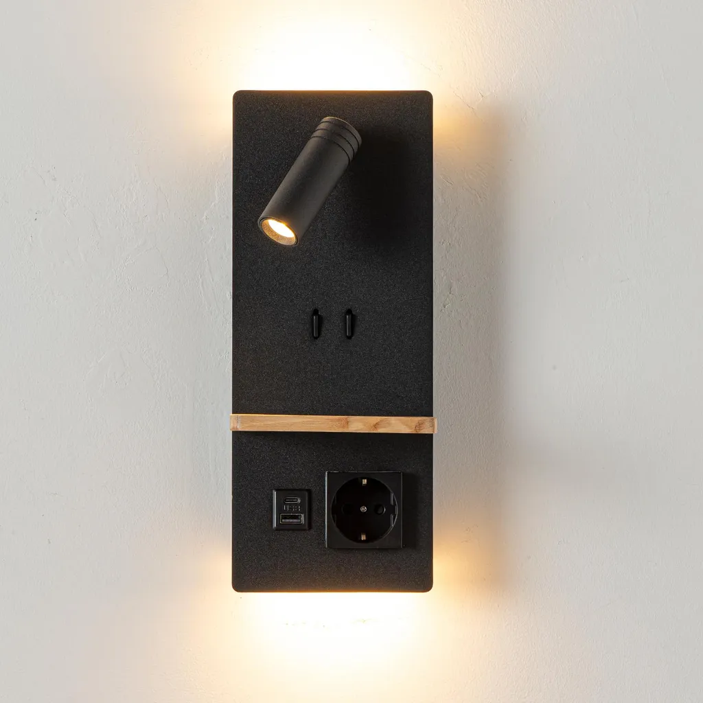 Liseuse murale orientable avec station de charge USB et support bois