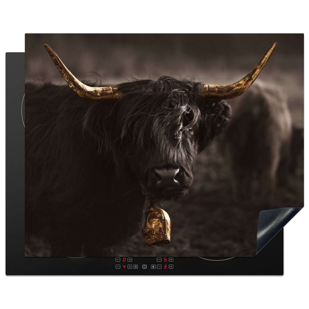 KitchenYeah Herdabdeckplatte Schottischer Highlander - Gold - Tier - Schwarz , 65x52cm, Küche Deko, Glaskeramikkochfeld Herdabdeckung, Abdeckpla...