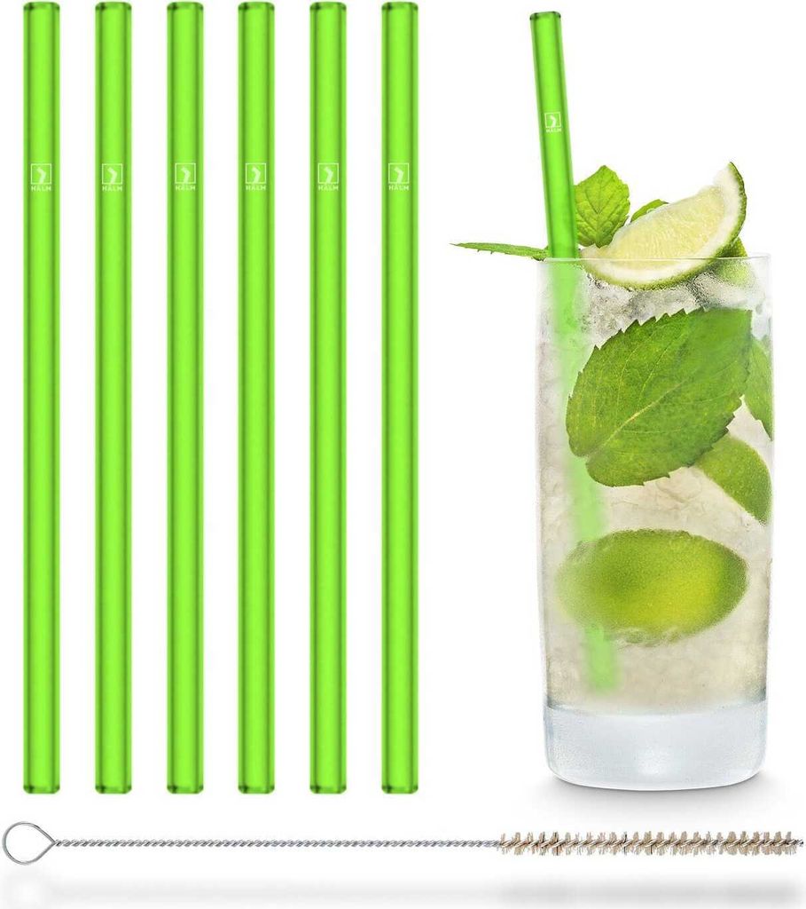 HALM Trinkhalme aus Glas, Neongrün, 6 wiederverwendbare 20 cm, leuchtet im Dunkeln + plastikfreie Reinigungsbürste, Germany, spülmaschinenfest, ...