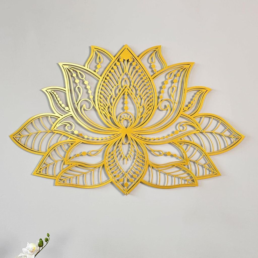 Metallene Wanddekoration, Mandala-Stil, Lotusblume, minimalistisch, Zen, für den Innenbereich (43 x 27,5 cm, Gold)