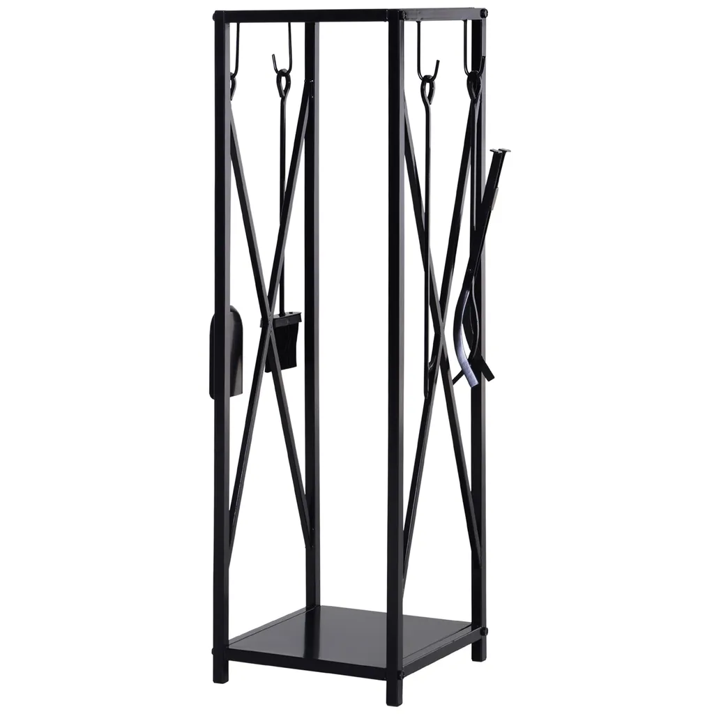 Serviteur de cheminée Outsunny 111 cm avec porte-bûches intégré métal noir