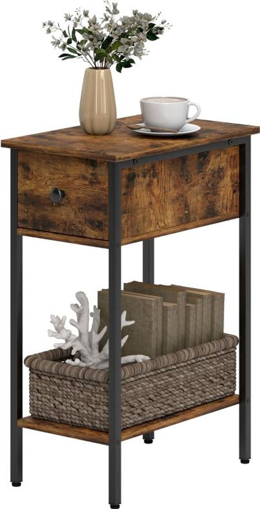 Fortuna Lai Beistelltisch mit offenem Fach und Schublade, Nachttisch, Metallbeine, Holz, Braun