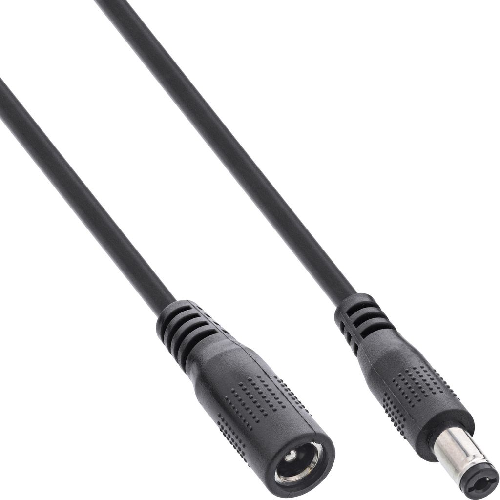 A black DC extension cable with a female connector on one end and a male connector on the other, shown against a white background.