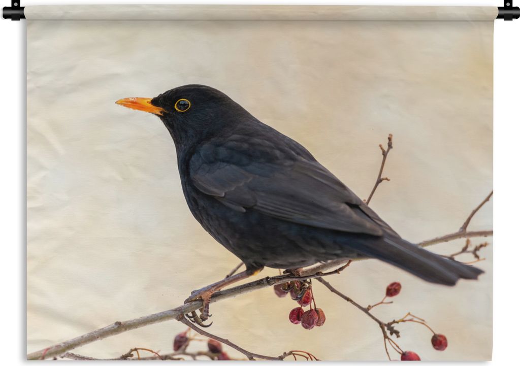 MuchoWow Wandteppich Wandbehang Amsel - Vogel - Zweige - Beere - Rot 150x112.50 cm Tapisserie Dekoration Wandtuch - Wanddecke - Wandteppiche