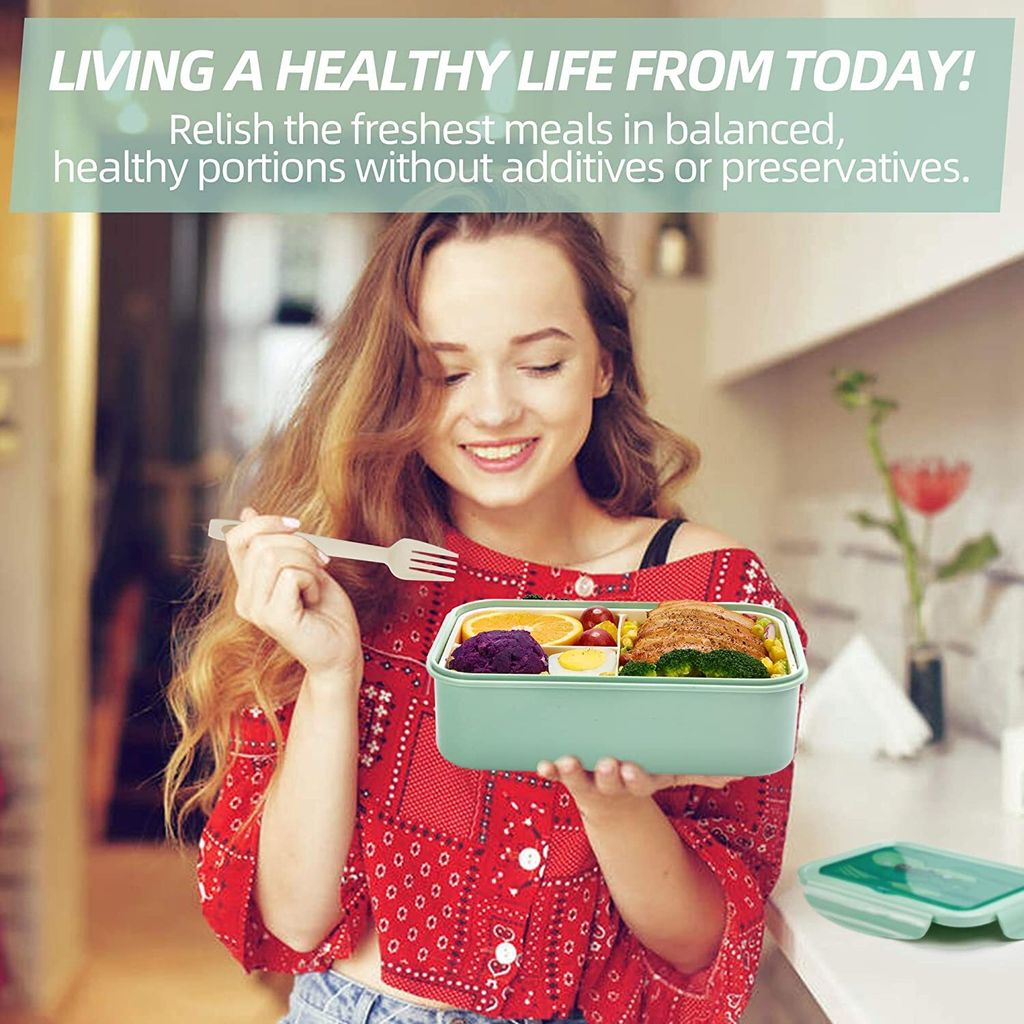 Lunchbox, Brotdose Mit 3 Fächern und Besteck 1400ml, Produktbild 5
