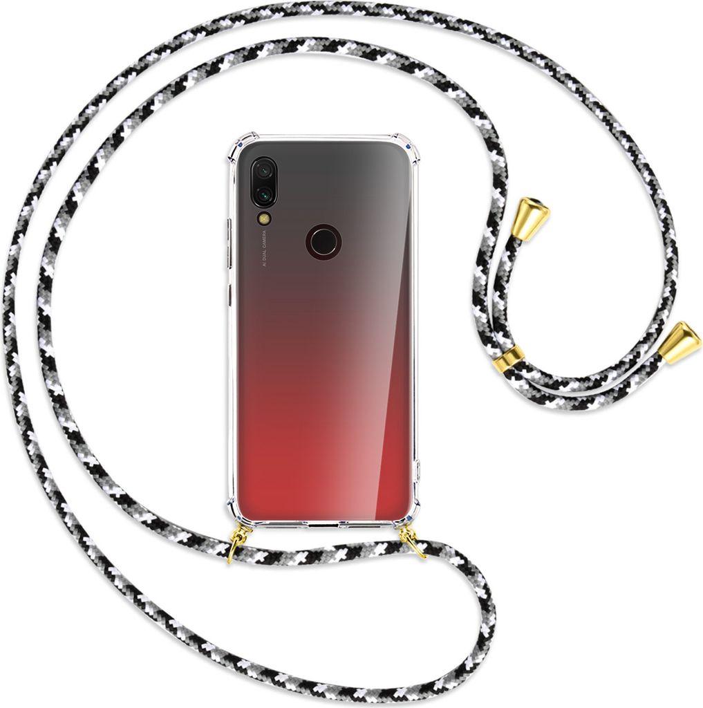Handykette Backcover-Schutzhülle mit Band (Metall goldfarben) für Xiaomi Redmi 7 - schwarz/grau/weiß