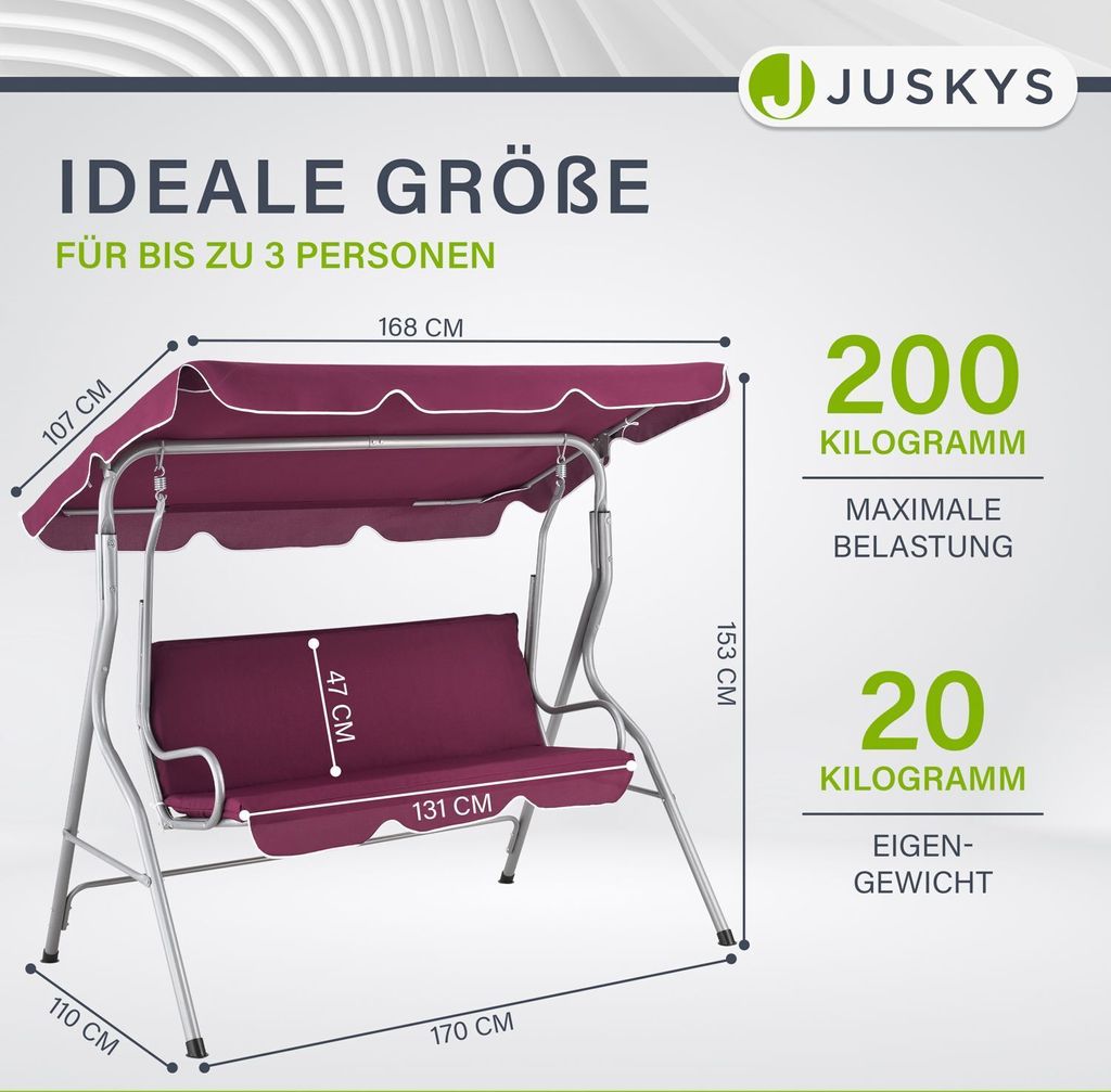 Juskys Hollywoodschaukel 3-Sitzer mit Dach & Sitzauflage – Produktbild 13