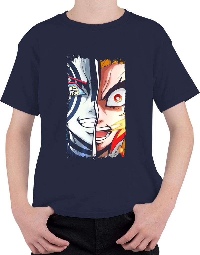 Rengoku Akaza Halbgesicht Feuer Dämon Anime Vintage Anime Manga Uni Kinder T-Shirt, Navy, 152