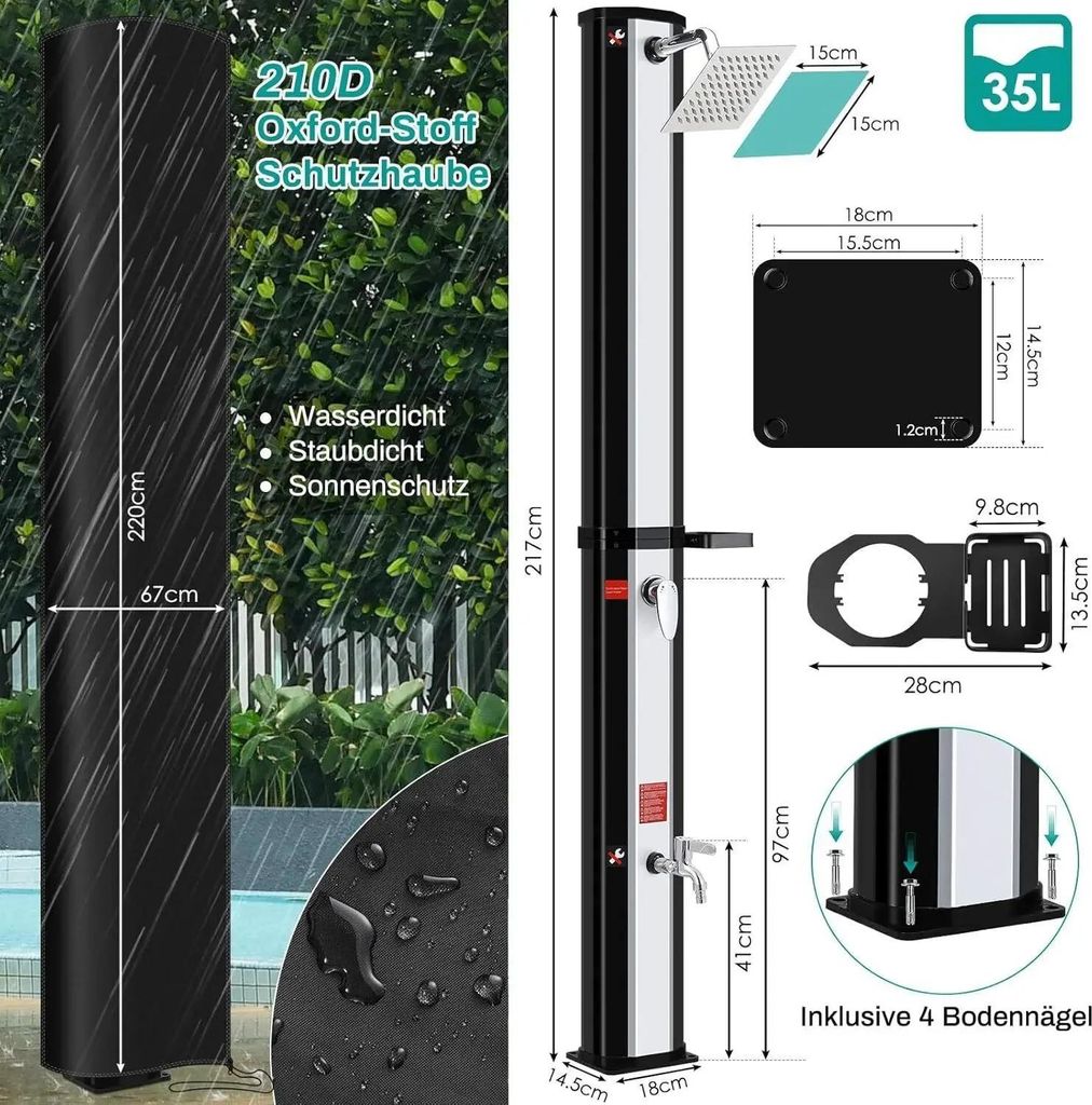 Solar Gartendusche - 35 l Duschsäule - Kopfbrause - Fußdusche - Aluminiumlegierung - Einfache Montage - Für Garten/Pool/Camping - Silber/Schwarz