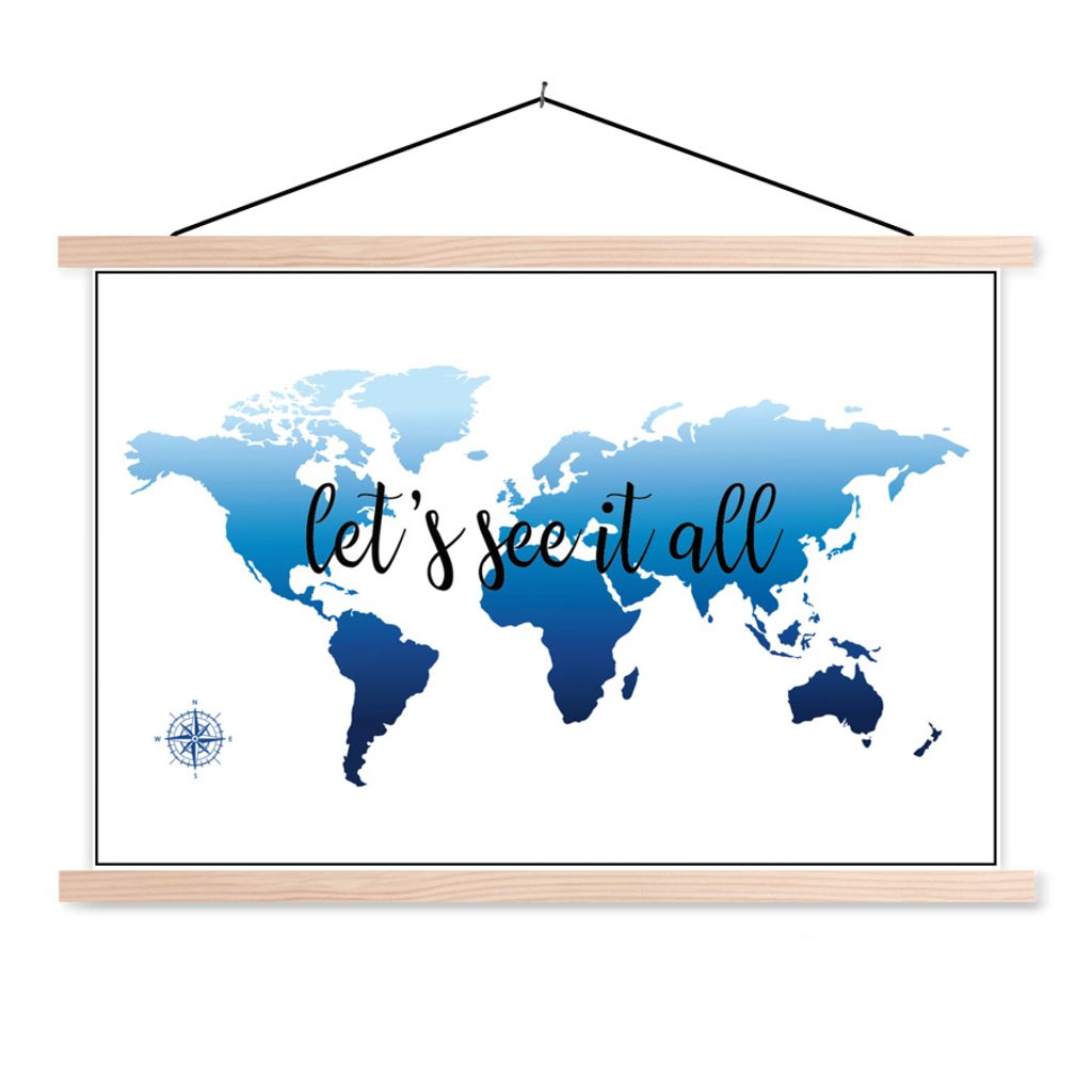 MuchoWow Textilposter Weltkarte - Blau - Kompass 120x80 cm mit holzfarbenen Rahmen - Aufhängeset