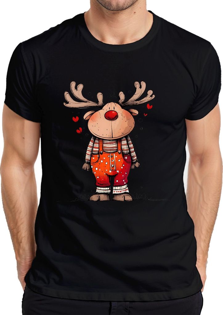 Rudolf Rentier Weihnachten Latzhose Herzen Niedlich Retro Herren T-Shirt, Schwarz, S