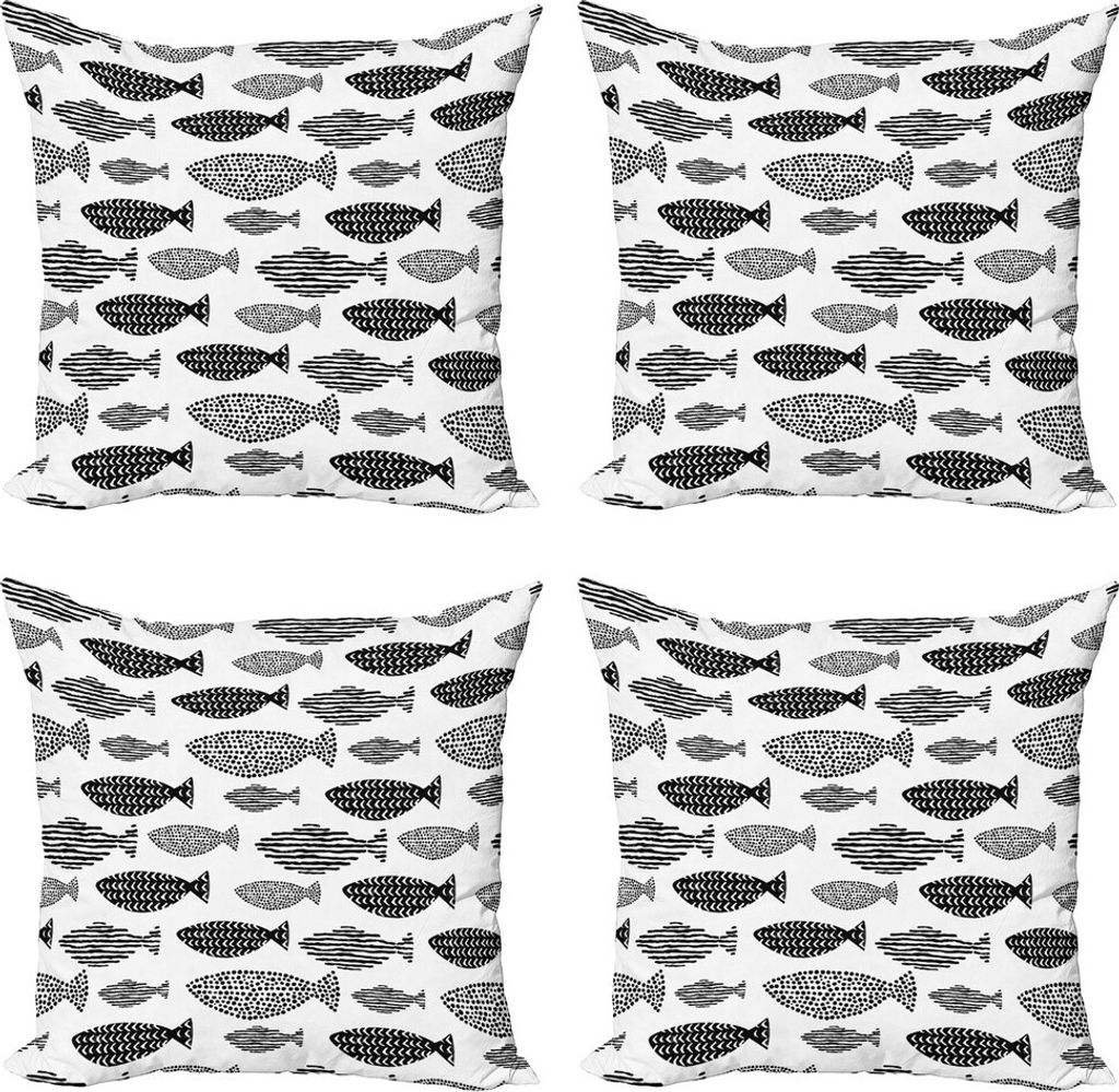 ABAKUHAUS Fisch Kissenbezug Set (4 Stück), Seetiere Schwarz Weiß, Moderner Doppelseitiger Digitaldruck, 50 cm x 50 cm, Schwarz-Weiss