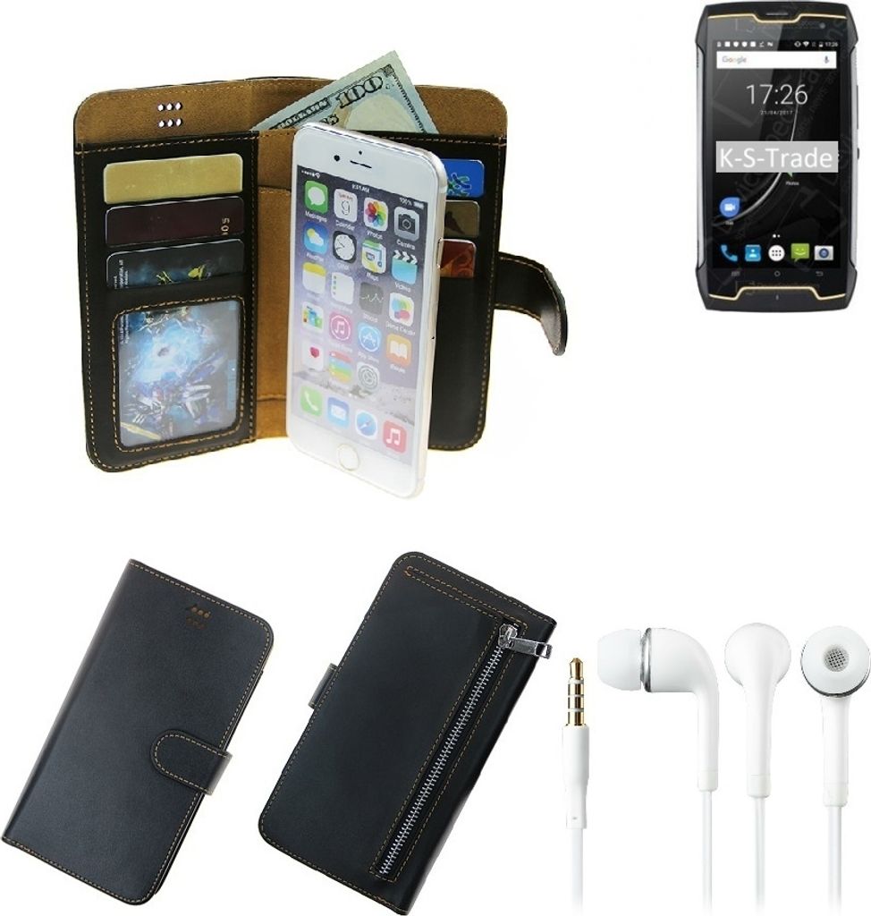 TOP SET Portemonnaie Schutz Hülle kompatibel mit Cubot King Kong CS schwarz aus Kunstleder + Kopfhörer Walletcase Smartphone Tasche vollwertige