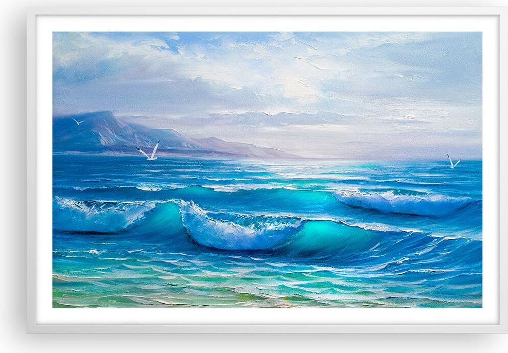Gerahmtes Poster - Weißer Rahmen - Meer Welle Möwe - 91,5x61 cm - Wand Bild - Wanddeko - Wandbilder - Kunstposter - Wandposter - Bilderrahmen - B...