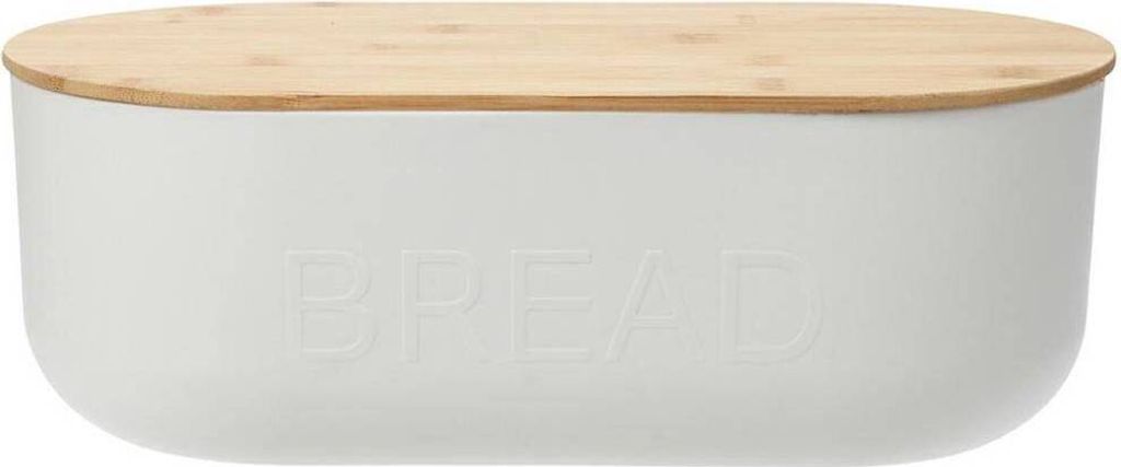 Weißer Brotkasten aus Kunststoff, Bambusdeckel, 35 x 19 x 12 cm