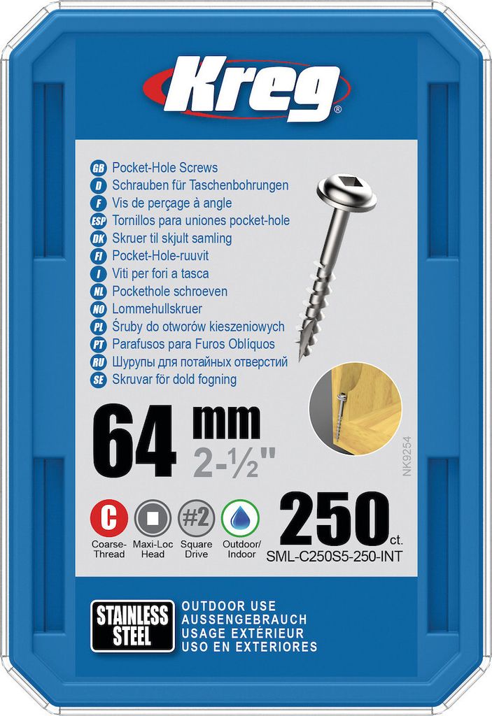 Kreg Pocket-Hole Schrauben 64 mm, Edelstahl, Maxi-Loc, Grobgewinde - 250Stk.