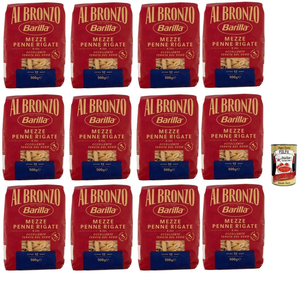 Barilla Al Bronzo Mezze Penne Rigate 12x500g – rau & bronzgezogen für extra Saucenhaftung, italienische Hartweizen-Pasta Vorratspack + Italian G...