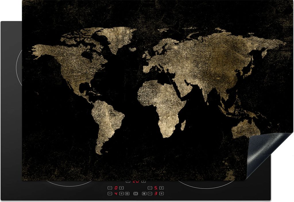 KitchenYeah Herdabdeckplatte Weltkarte - Schwarz - Gold , 78x52cm, Küche Deko, Ceranfeld Herdabdeckung, Abdeckplatte fùr Kochfeld