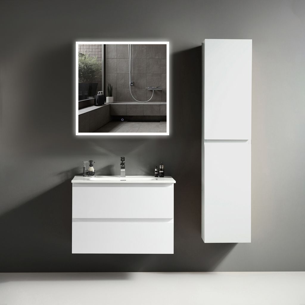 Alpenberger Badezimmermöbel Set | Waschbecken mit Waschbeckenunterschrank Hängend | Badezimmerspiegel mit Beleuchtung | Badschrank Hochschrank