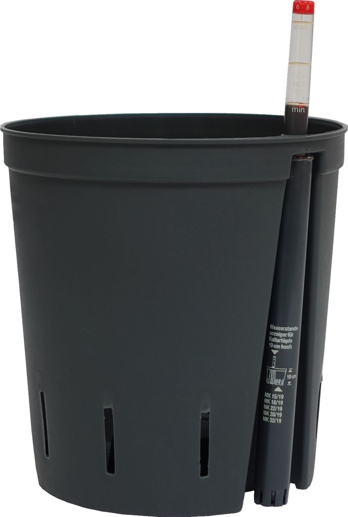 A dark gray self-watering planter with a water level indicator.