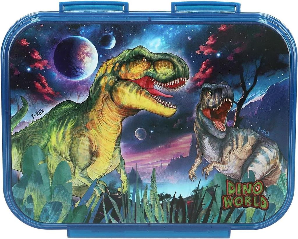 Dino World Galaxy - Lunchbox in Dunkelblau mit Dino-Motiv und Weltraumdesign, 3 Fächer und transparentem Deckel