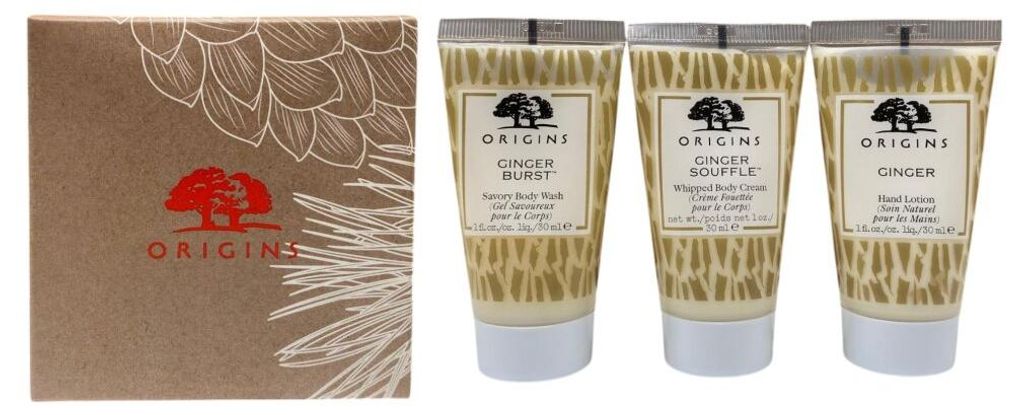Origins Ginger Greetings Body Box: Ginger Souffle Whipped Body Cream 30ml + Ginger Burst Savory Body Wash 30ml + Ginger Hand Lotion 30ml