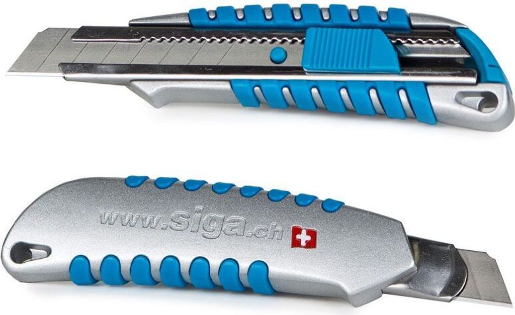 Two views of a cutter knife, one showing the blade extended and the other showing the handle with branding.
