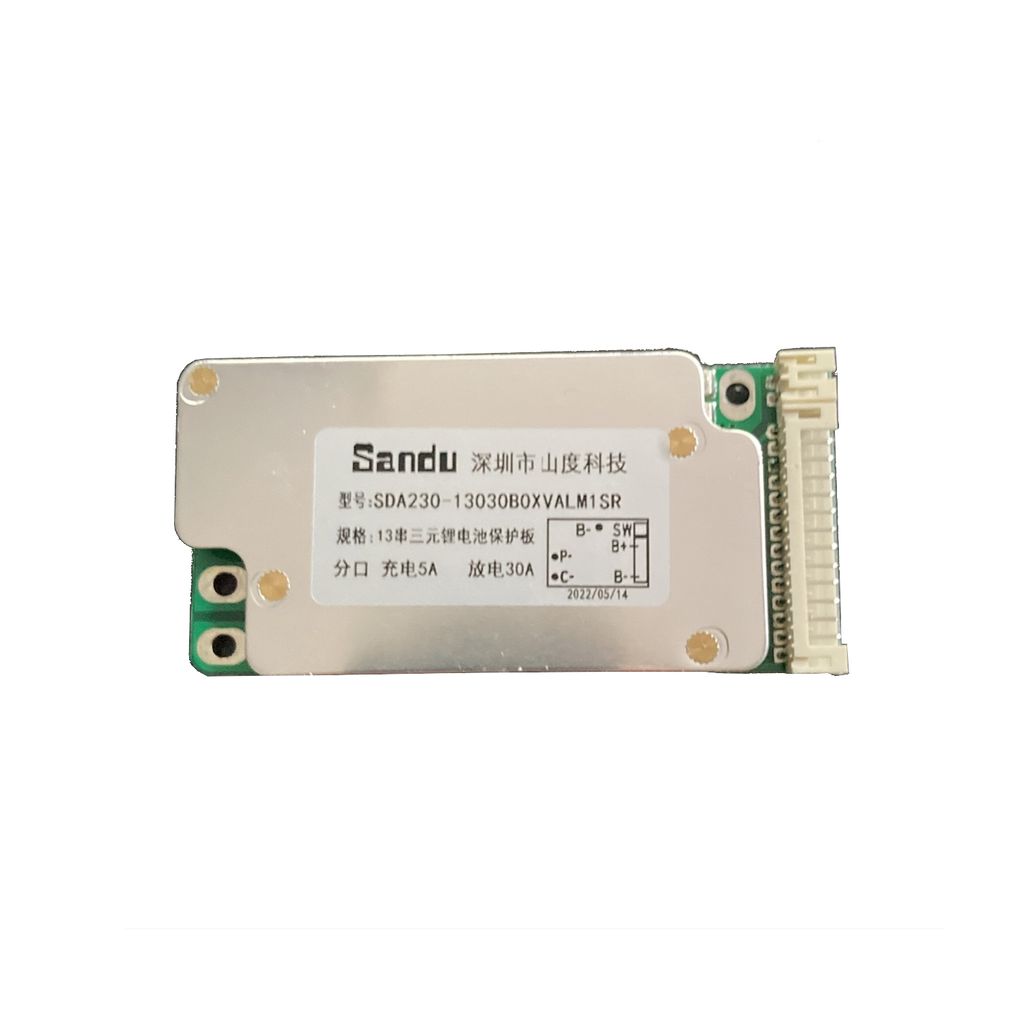 A battery protection board with text labels and connectors.