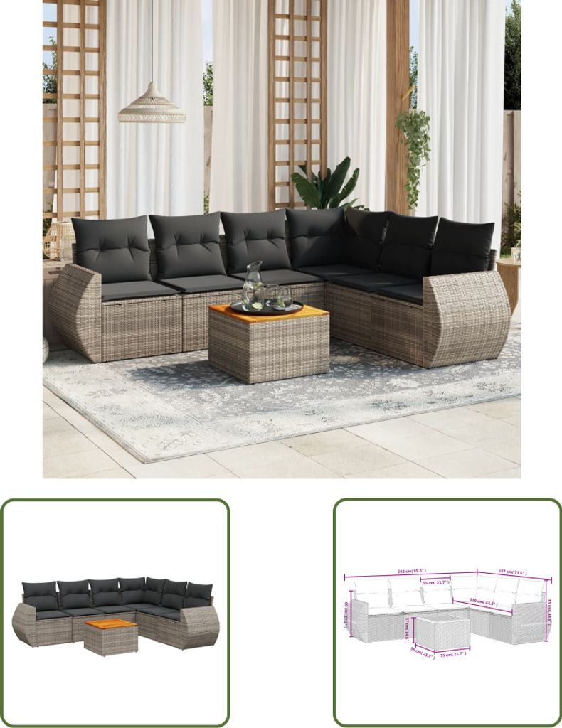 The Living Store 7-tlg. Garten-Sofagarnitur mit Kissen Grau Poly Rattan