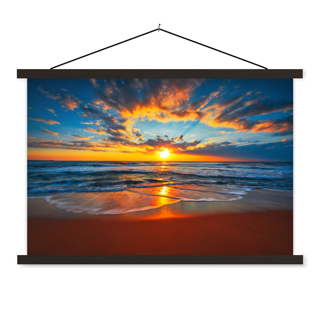 MuchoWow Textilposter Meer - Sonnenuntergang - Strand - Wolken - Orange 150x100 cm mit schwarzem Rahmen - Schlafzimmer
