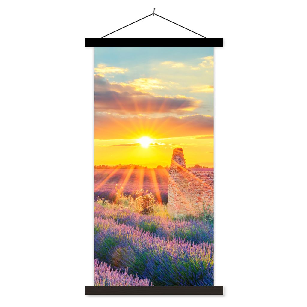 MuchoWow Textilposter Lavendel - Sonnenuntergang - Ruine - Lila 90x180 cm mit schwarzem Rahmen - Dekoration Wohnzimmer