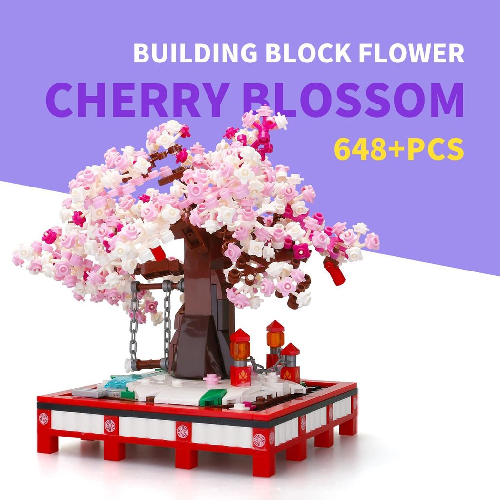Kirschblüten Bonsai Bausteine Set – Rosa Blumen Baum Spielzeug mit Figuren & Schaukette für Kinder