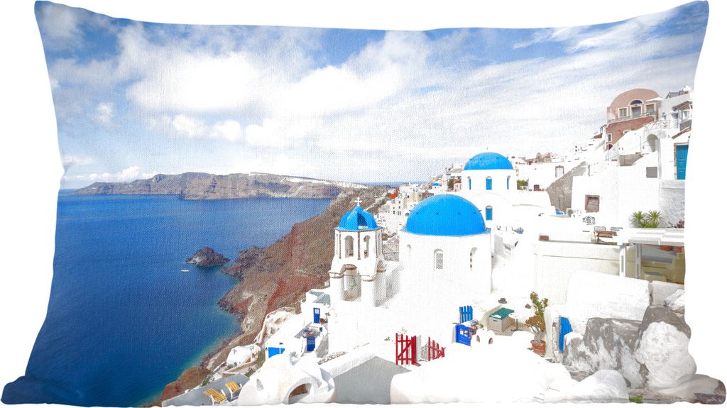 MuchoWow Zierkissen Sofakissen Wohnzimmer Dekokissen 50x30 cm Griechenland - Kirche - Meer - Wohnzimmerdekoration - Polster mit Photo