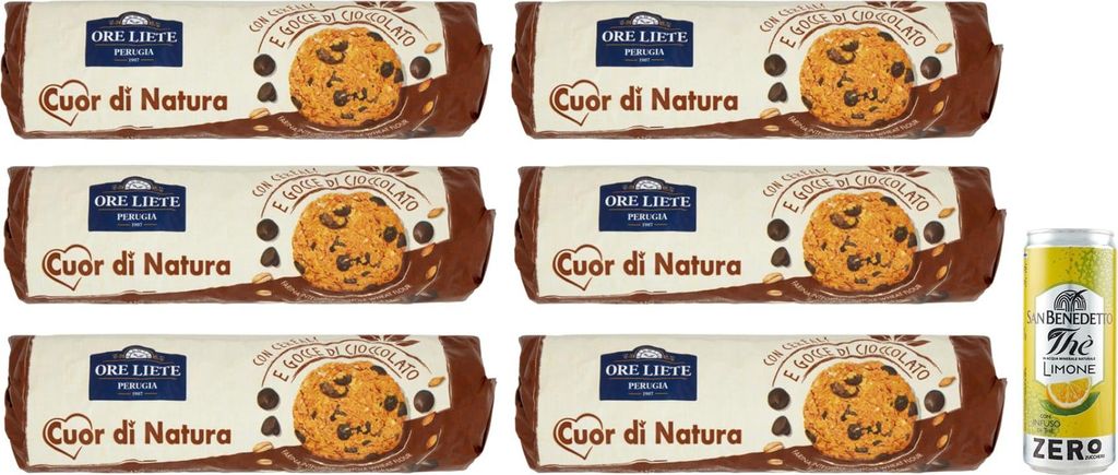 6er-Pack Ore Liete Cuor di Natura Biscotti,Kekse mit Getreide und Schokoladentropfen,mit Vollkornmehl und ohne Zuckerzusatz,250g + 1er-Pack San Ben...