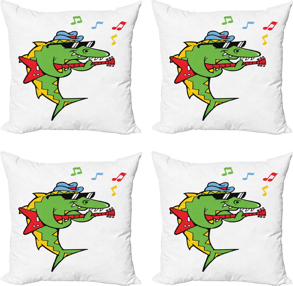 ABAKUHAUS Sonnenbrille Kissenbezug Set (4 Stück), Crocodile Holding-Gitarre, Moderner Doppelseitiger Digitaldruck, 45 cm x 45 cm, Weiß und Multic...