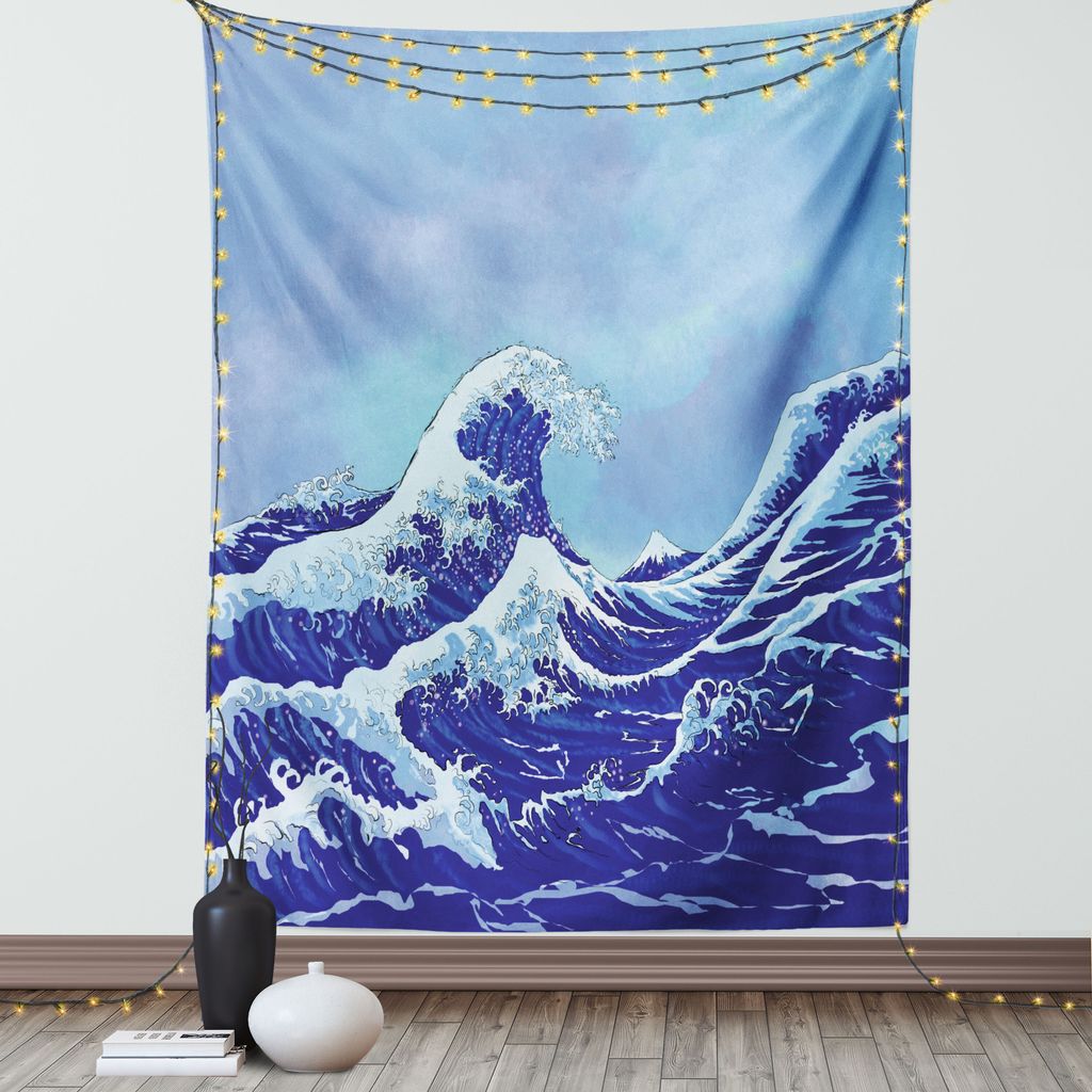 ABAKUHAUS Kanagawa Wandteppich, Großer Tsunami im Ozean blauer Himmel Japane Natur große Meereswellen Kunst, Wohnzimmer Schlafzimmer Seidiger Sat...