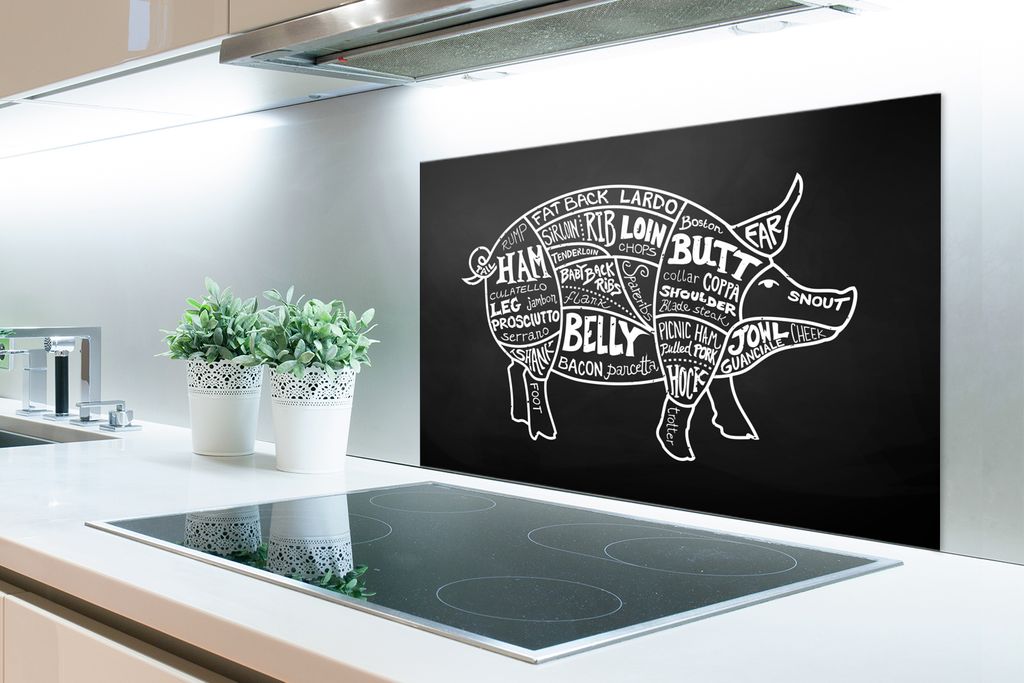 KitchenYeah Spritzschutz Küche - Küchenrückwand - Wandschutz für Herd und Spüle - Schwein - Fleischer - Fleisch 80x55 - Alu-Dibond (Alternat...