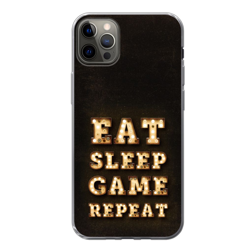 MuchoWow Handyhülle Schutzhülle Hülle für iPhone 13 Pro Max Spiele - Spiele - Zitate - Sprichwörter - Eat sleep game repeat Silikon Softcase...