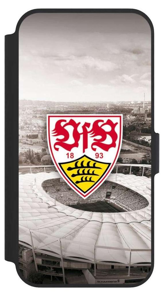NIVOCASE Klapphülle für Apple iPhone 13 Pro Handyhülle aus Kunst Leder NIVOflip schwarz Offizielles Lizenzprodukt Stadion VfB Stuttgart
