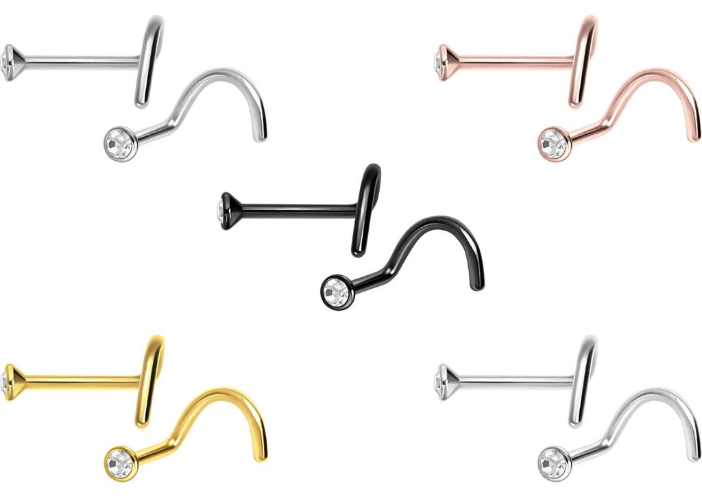Nasenpiercing, Nasenstecker Titan Nasenstecker Spirale FLACHER KRISTALL WeißGold Stabstärke: 0,8mm