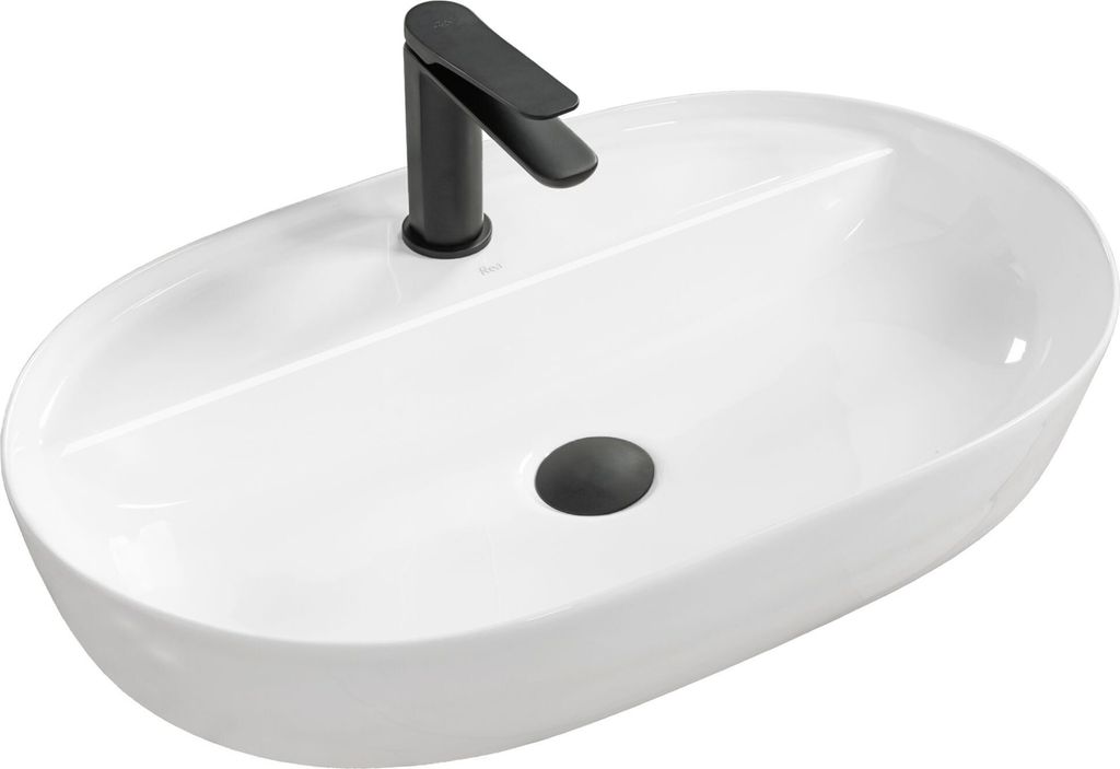 A white oval countertop sink with a black faucet and drain.