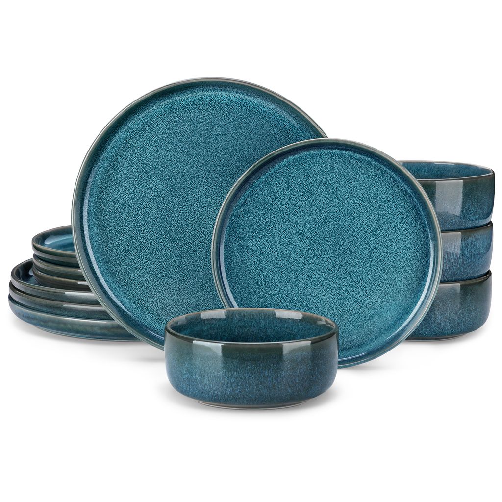 A set of teal-colored stoneware plates and bowls are neatly arranged against a white background.