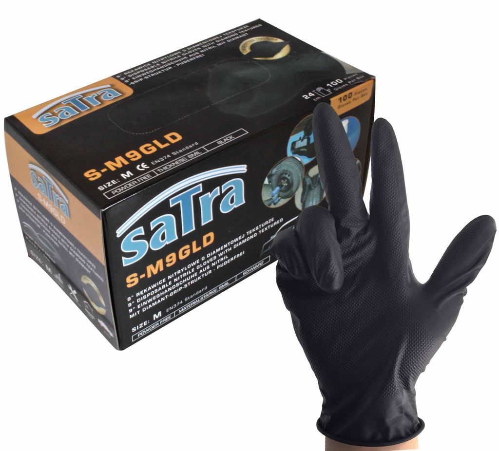 SATRA | Einweghandschuhe, Gr. M 100 Stk/Box, Schwarz, Einmalhandschuhe Extra Stark, Nitrilhandschuhe, Handschuhe Einweg