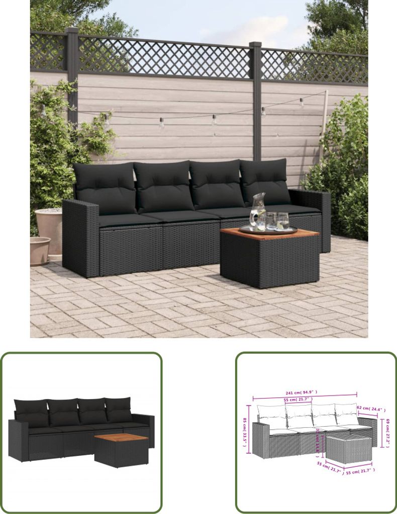 The Living Store 5-tlg. Garten-Sofagarnitur mit Kissen Schwarz Poly Rattan