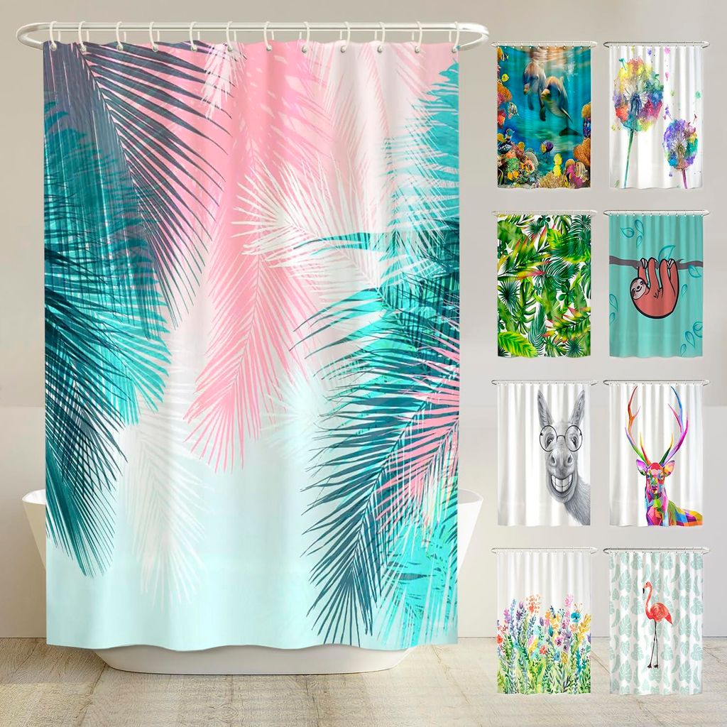 Duschvorhang mit Palmenblattmuster und Anti-Schimmel-Aufdruck, 180 x 200 cm – recycelt – beschwerter Saum, blickdicht, wasserdicht, waschbar, i...