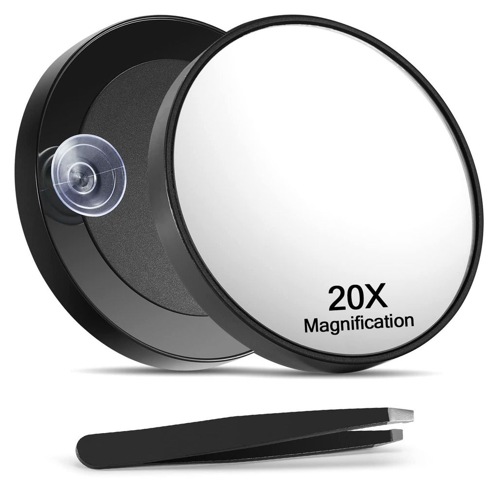 Vergrößerungsspiegel, 8,8 cm Vergrößerungsspiegel für Kosmetik und abgewinkelte Pinzette mit 2 Saugnäpfen, schwarz, 1 Stück