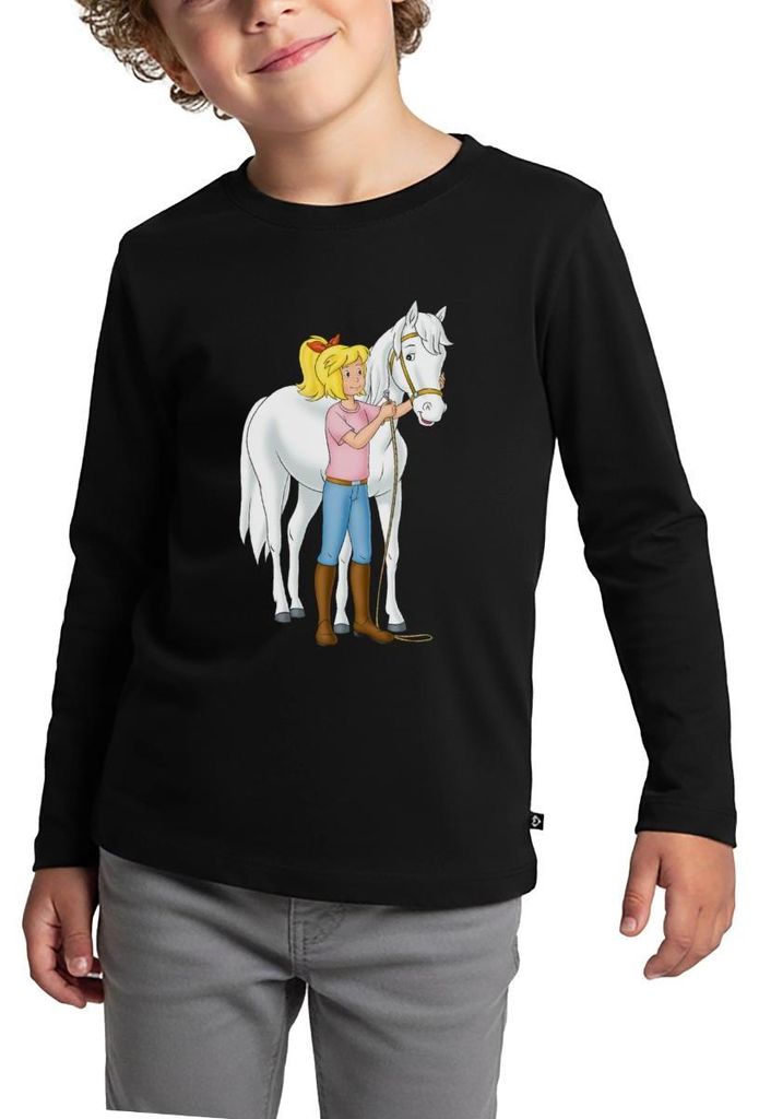 Spreadshirt Bibi Und Tina Bibi Mit Stute Sabrina Kinder Premium Langarmshirt, 110/116 (4 Jahre), Schwarz