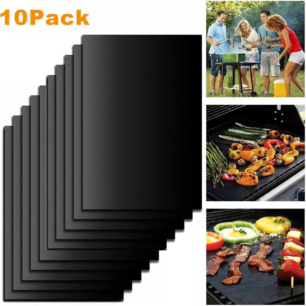 A collage of images showing BBQ grill mats, people grilling, and food on a grill.